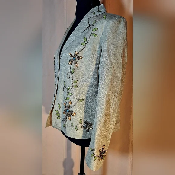 SILK LAND 100% Silk Light Brown Floral Embroidered Blazer - Picture 3 of 11